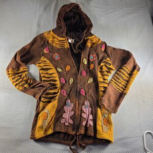 Greater Good Nepal L/XL Hooded Jacket Boho Hippie Patchwork Floral Embroidered